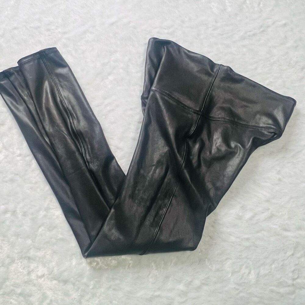 Spanx Womens Black Faux Leather Elastic Waist Stretch Leggings Pants Size Large